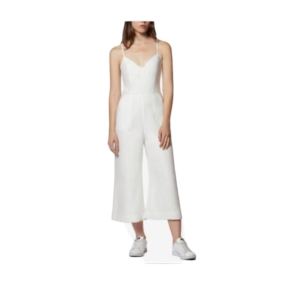 Avec Les Filles White Fitted Wide Leg V-Neck Cropped One-Piece Jumpsuit, Size 2